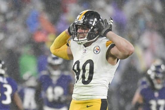 Pittsburgh Steelers linebacker T.J. Watt (90) reacts after sacking Baltimore Ravens quarterback Tyler Huntley