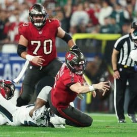 baker mayfield is sacked in wild car game vs eagles (1)
