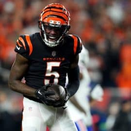Cincinnati Bengals wide receiver Tee Higgins (5) reacts after completing a catch