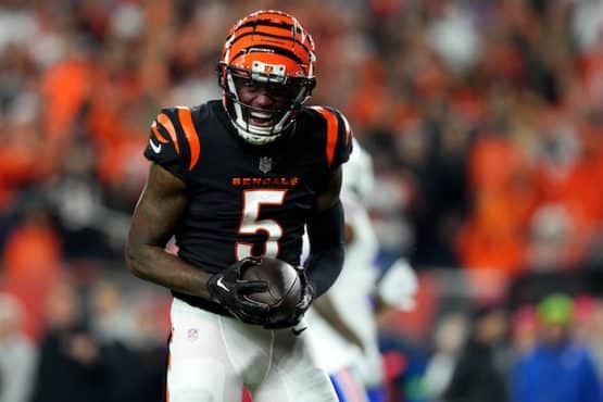 Cincinnati Bengals wide receiver Tee Higgins (5) reacts after completing a catch