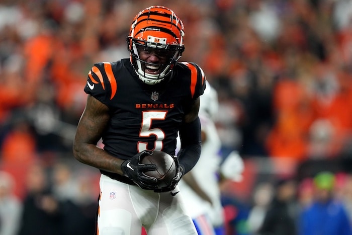 Cincinnati Bengals wide receiver Tee Higgins (5) reacts after completing a catch