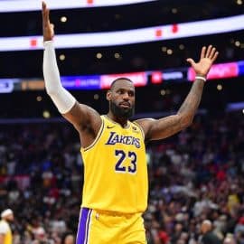Los Angeles Lakers forward LeBron James (23) celebrates the victory