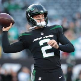 New York Jets quarterback Zach Wilson (2) warms up before the game