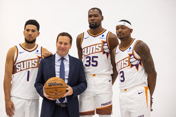 Phoenix Suns guard Devin Booker (1) team owner Mat Ishbia