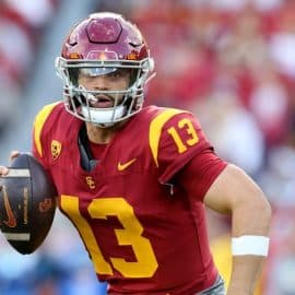 USC Trojans quarterback Caleb Williams (13) scrambles during the second quarter