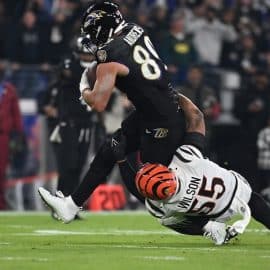 Baltimore Ravens tight end Mark Andrews (89) runs after a catch