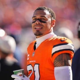 Denver Broncos safety Justin Simmons (31) on the sidelines