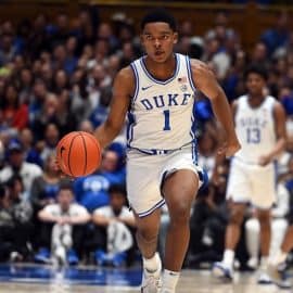 Duke Blue Devils guard Caleb Foster (1) dribbles