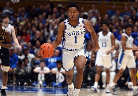 Duke Blue Devils guard Caleb Foster (1) dribbles