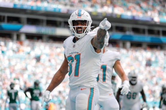 Miami Dolphins running back Raheem Mostert (31) celebrates after scoring
