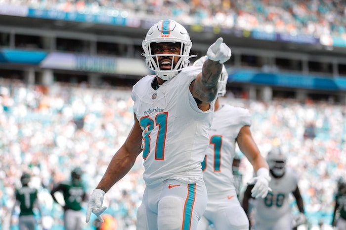 Miami Dolphins running back Raheem Mostert (31) celebrates after scoring