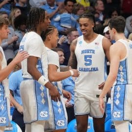 North Carolina Tar Heels forward Armando Bacot (5) celebrates with teammates