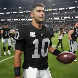 Las Vegas Raiders quarterback Jimmy Garoppolo (10) leaves the field