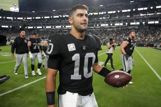 Las Vegas Raiders quarterback Jimmy Garoppolo (10) leaves the field