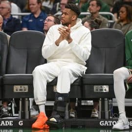 Milwaukee Bucks forward Giannis Antetokounmpo (34) sits on the bench