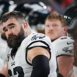 Philadelphia Eagles center Jason Kelce (62) looks on from the sideline