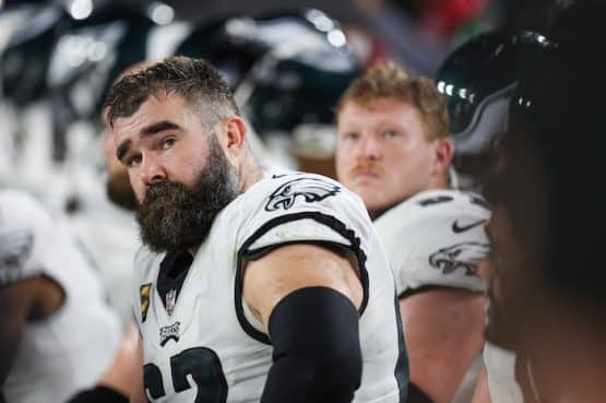 Philadelphia Eagles center Jason Kelce (62) looks on from the sideline