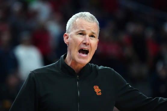 Southern California Trojans head coach Andy Enfield reacts