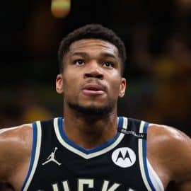 Milwaukee Bucks forward Giannis Antetokounmpo looks up.