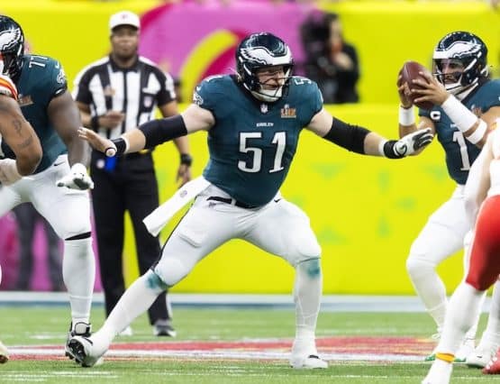 Philadelphia Eagles center Cam Jurgens stands up.