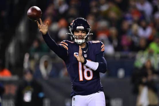 Chicago Bears quarterback Caleb Williams throws the ball.