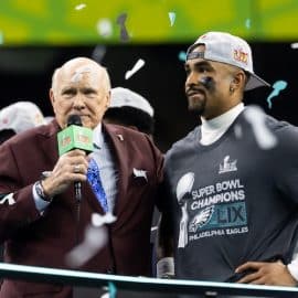 Fox Sports announcer Terry Bradshaw interviews Philadelphia Eagles stands.