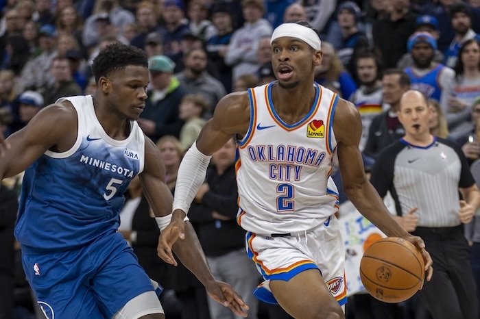 Oklahoma City Thunder guard Shai Gilgeous-Alexander dribbles the ball.