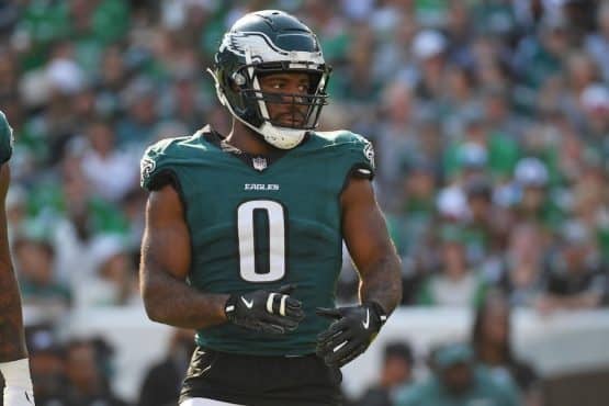 Philadelphia Eagles defensive end Bryce Huff stands on the field.