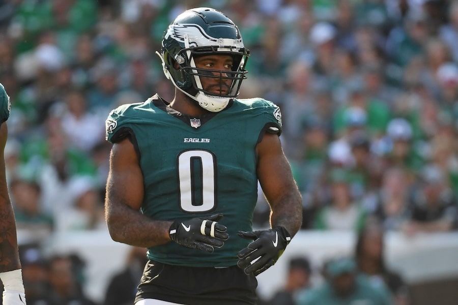 Philadelphia Eagles defensive end Bryce Huff stands on the field.