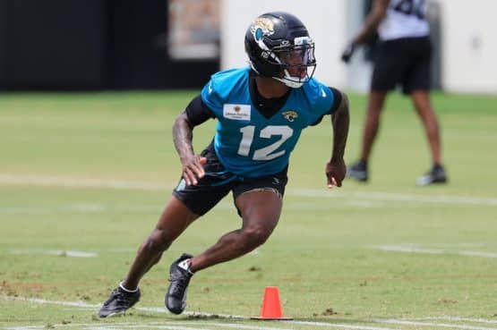 Travis Hunter runs a route for the Jaguars.