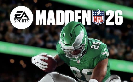 Saquon Barkley leaps on the cover of Madden NFL 26.