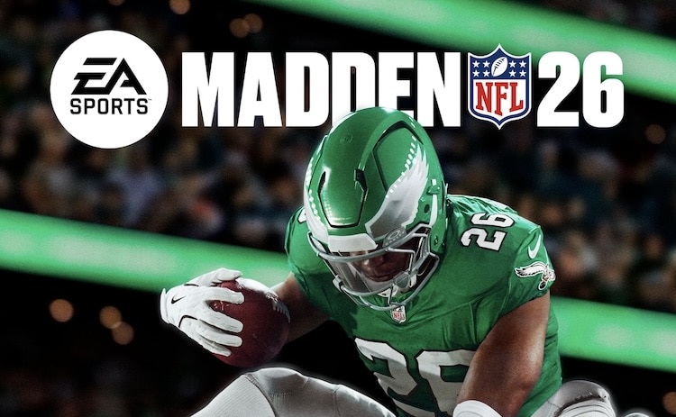 Saquon Barkley leaps on the cover of Madden NFL 26.
